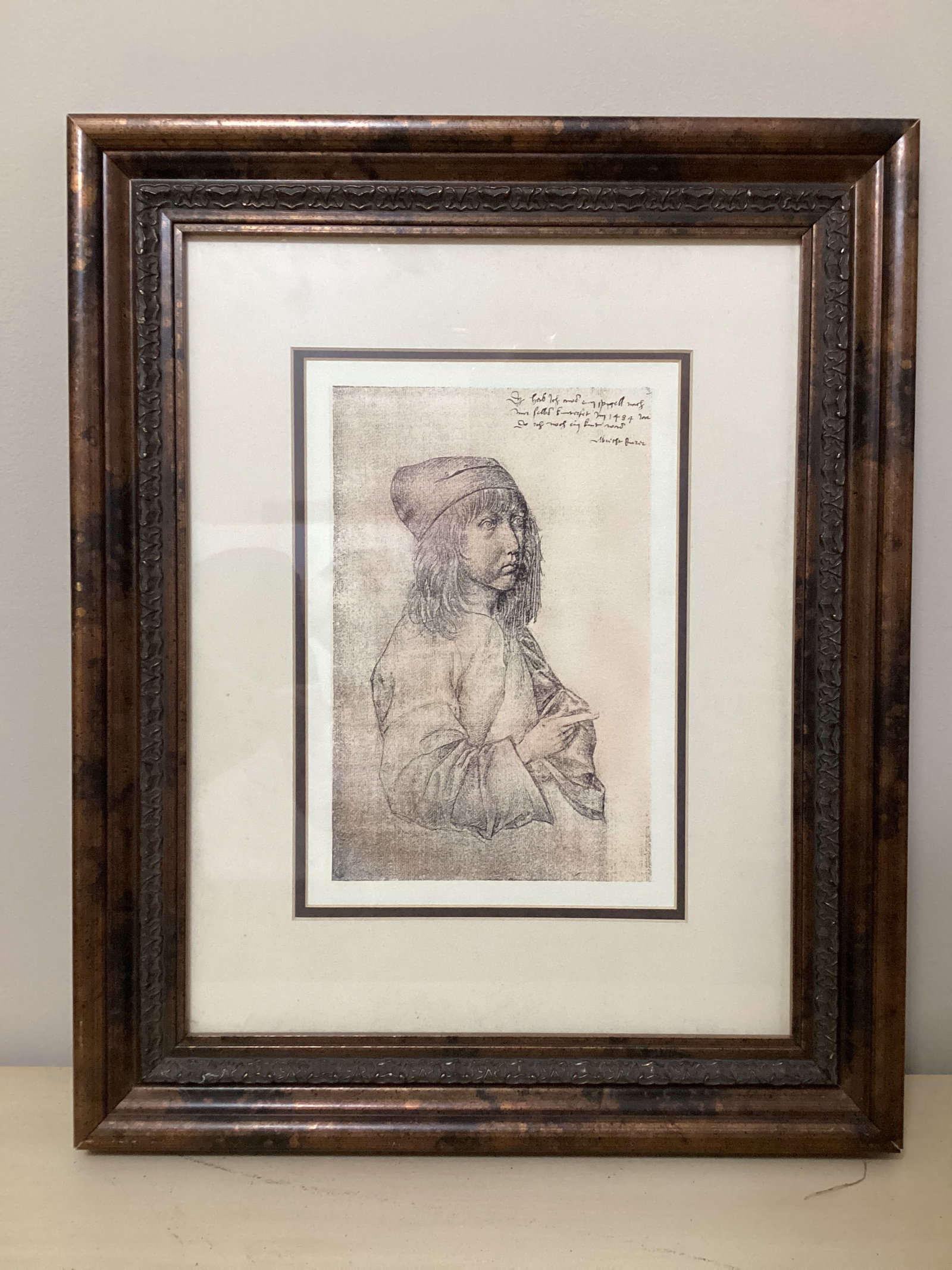 Framed Matted Print of Albrecht Durer 1484 German Self Portrait: 18" x 22", shipping unavailable for this lot