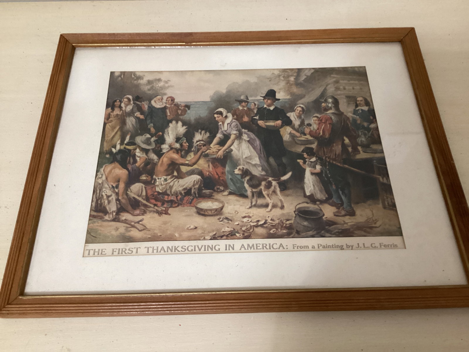 Framed Matted First Thanksgiving in America Print: 17 1/4" x 13 1/4"