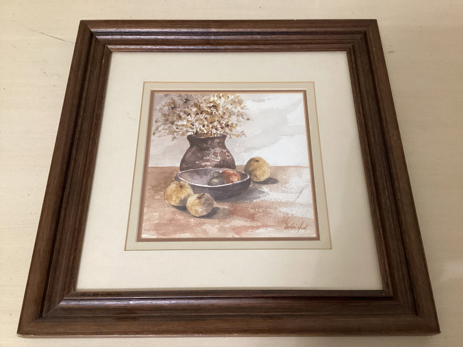 Framed, Matted, Signed Original Still Life Watercolor: 14" x 14"
