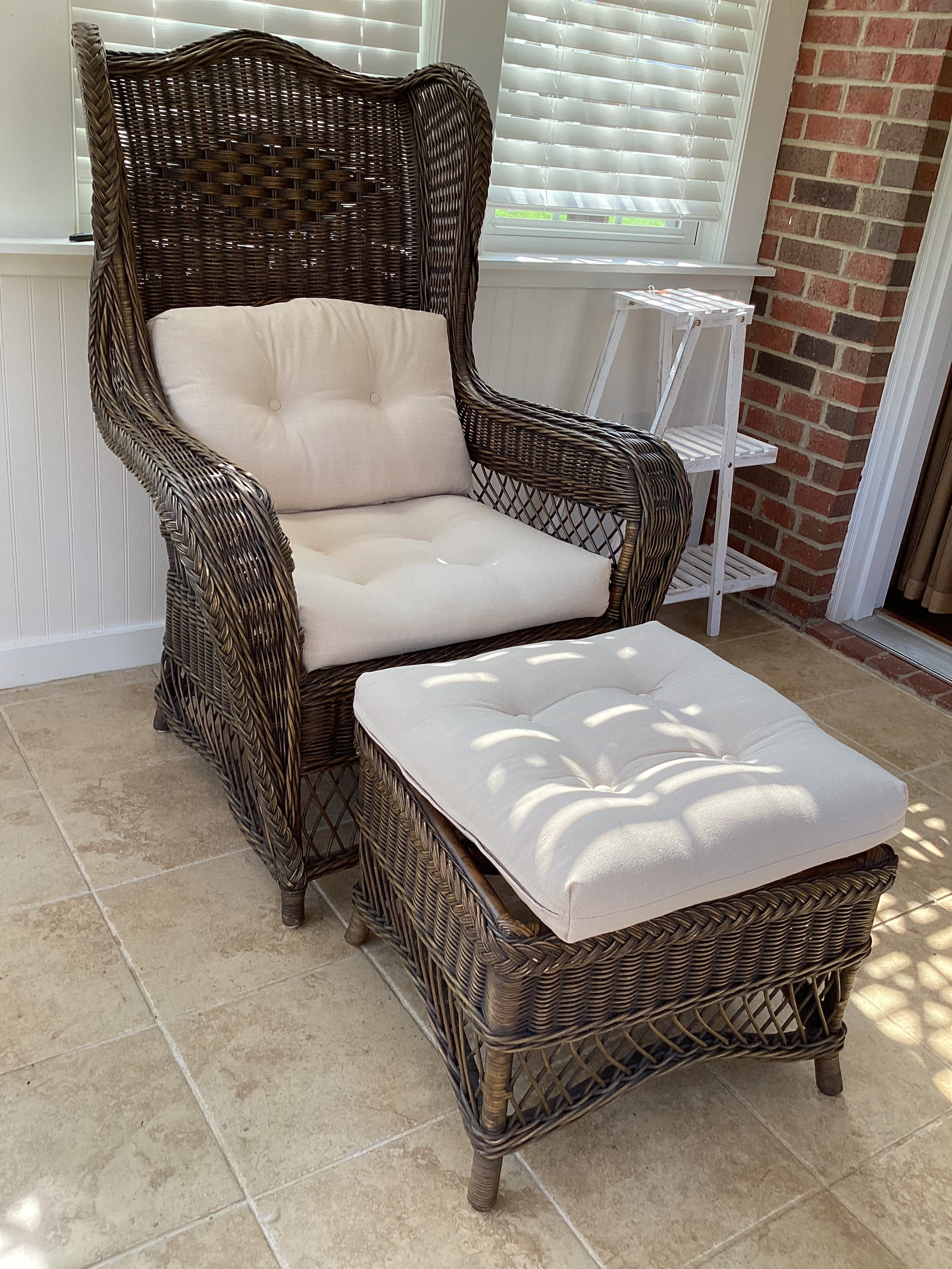 Wicker Chair with Ottoman and Cushions: 34" w, shipping unavailable for this lot