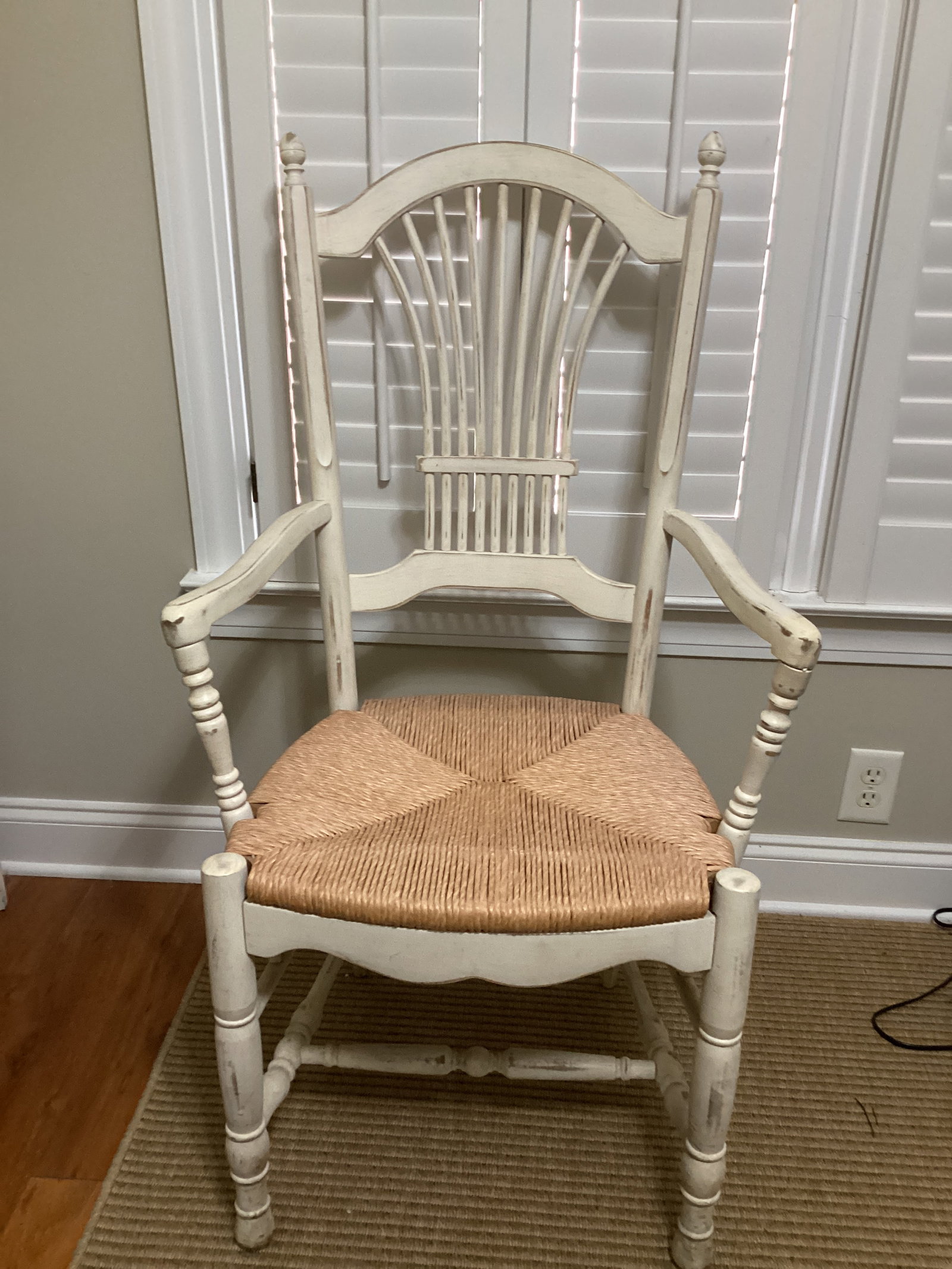 Distressed Painted Armchair with Rush Seat: 24" w, shipping unavailable for this lot