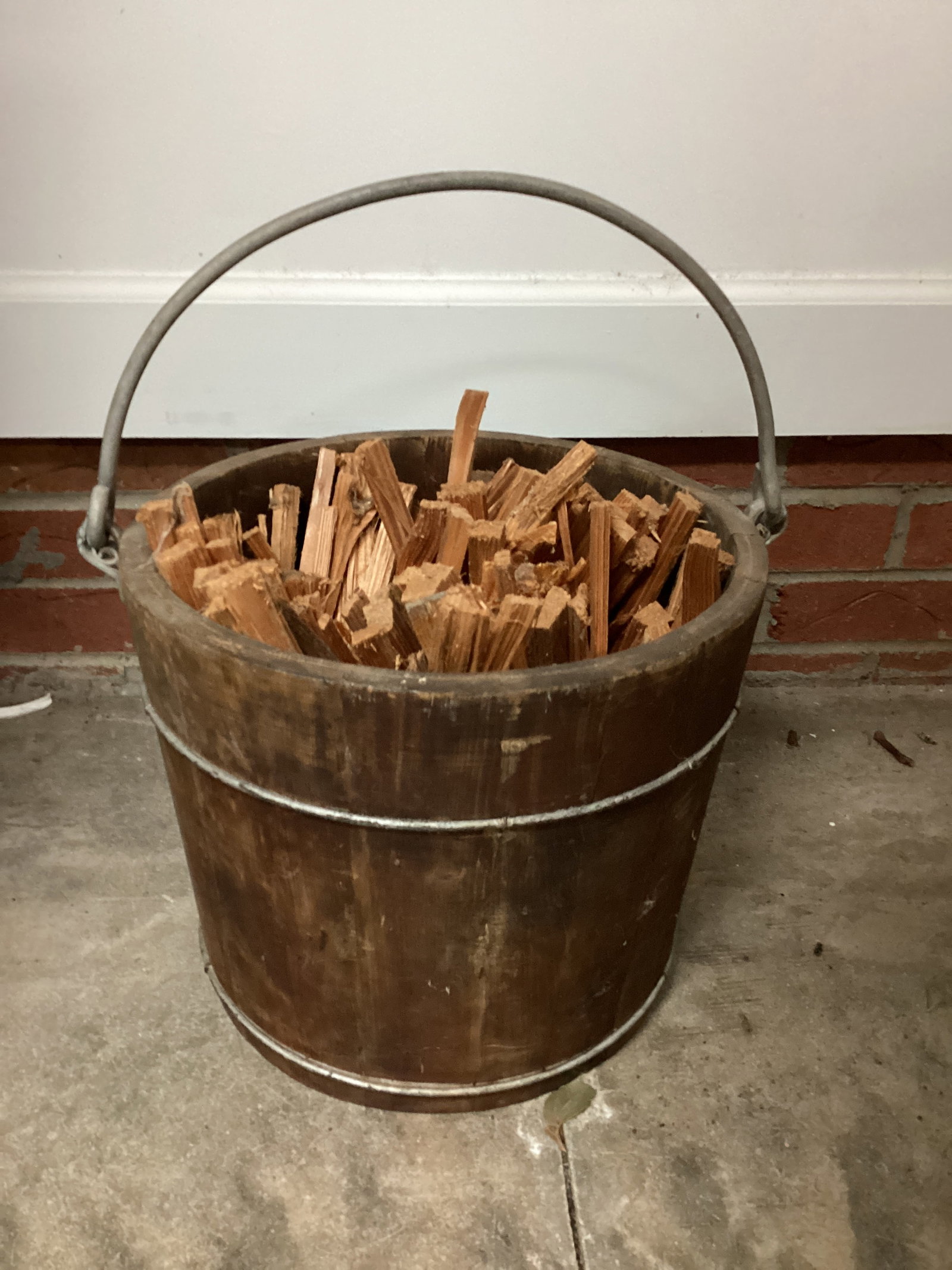 Wood Bucket with Kindling: 12 3/4" diameter x 10 1/2" h