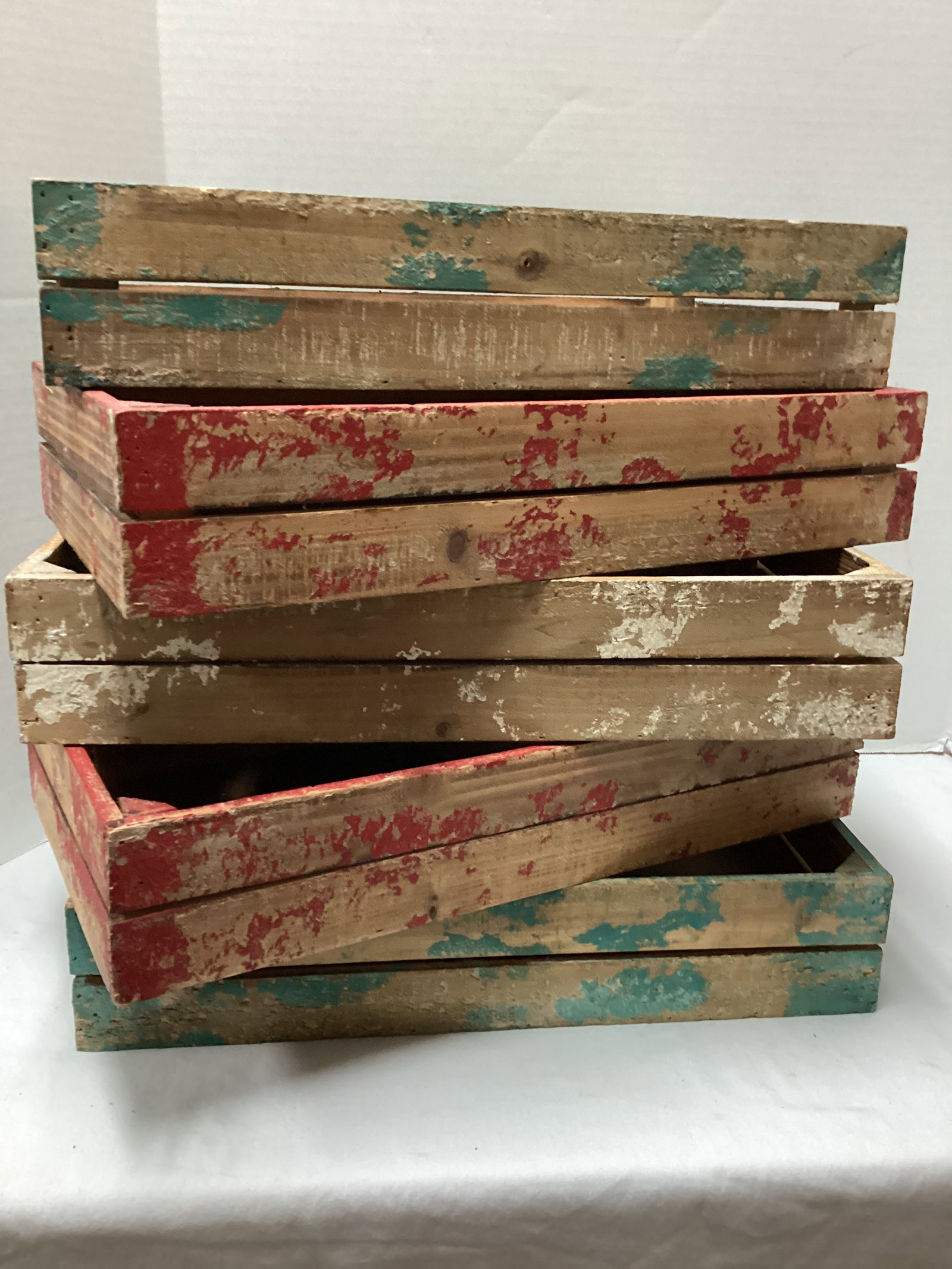 Distressed Painted Small Wood Crates: 16 3/4" x 9" x 3 1/4" h, shipping unavailable for this lot
