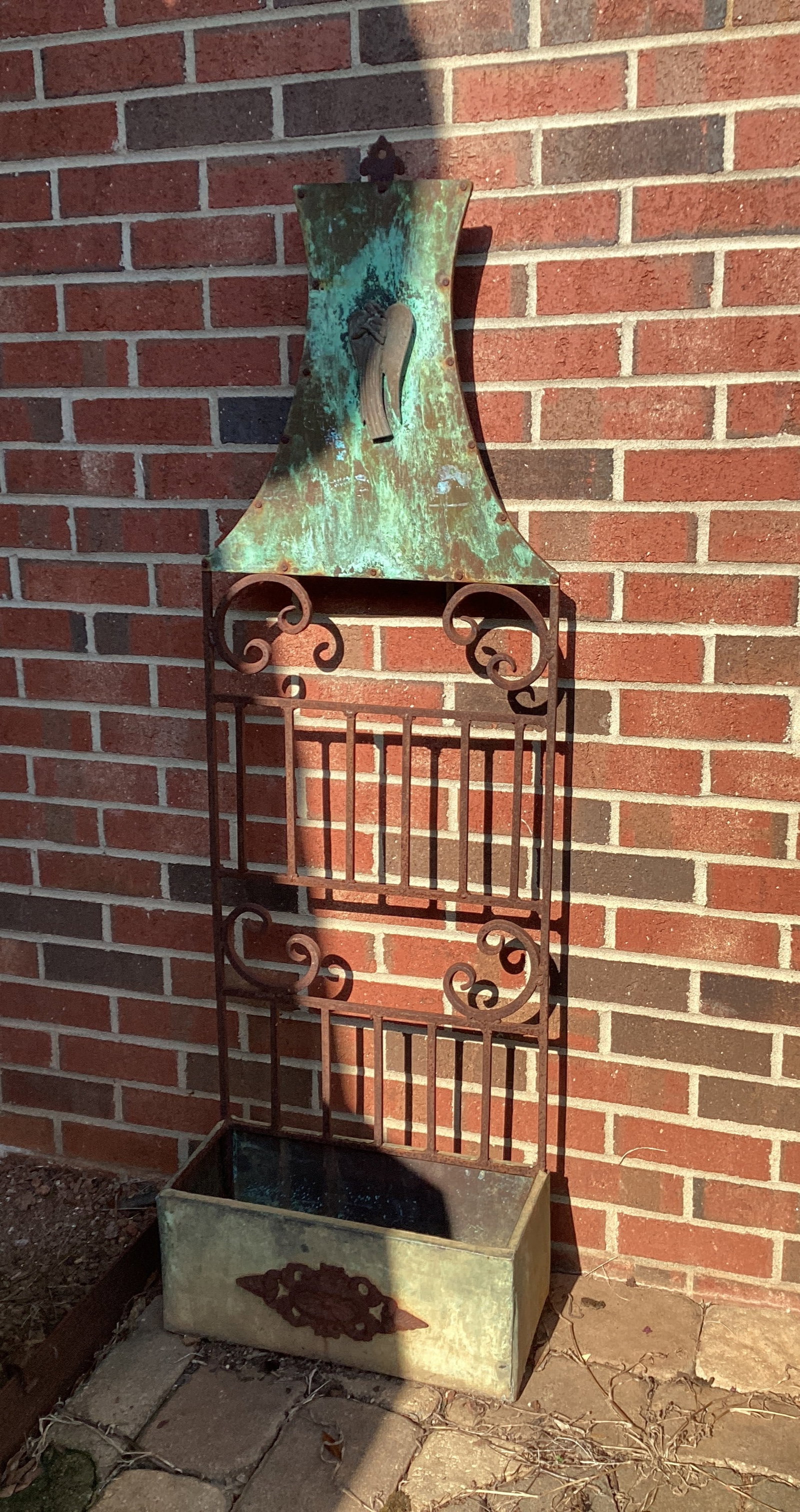Copper and Metal Wall Planter: center section rusty, 17" w x 8" d x 54" h, shipping unavailable for this lot