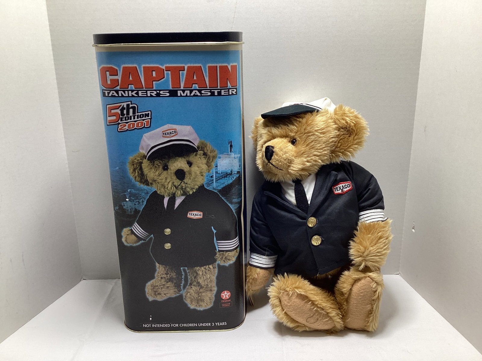 Texaco Captain Tankers Master Teddy Bear with Coin Bank Tin: tin dented, some staining to bear