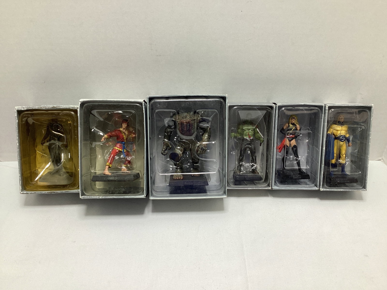 Six Eaglemoss Marvel Superhero Diecast Models: Blade, Shang-Chi, Man Thing, Drax the Destroyer, Ms Marvel, Sentry, may have some paint chipping / loss