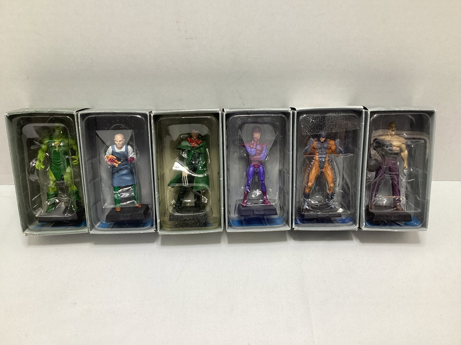 Six Eaglemoss Marvel Villain Diecast Models: Radioactive Man, Puppetmaster, Owl, Wizard, Tigershark, Absorbing Man, may have some paint chipping / loss