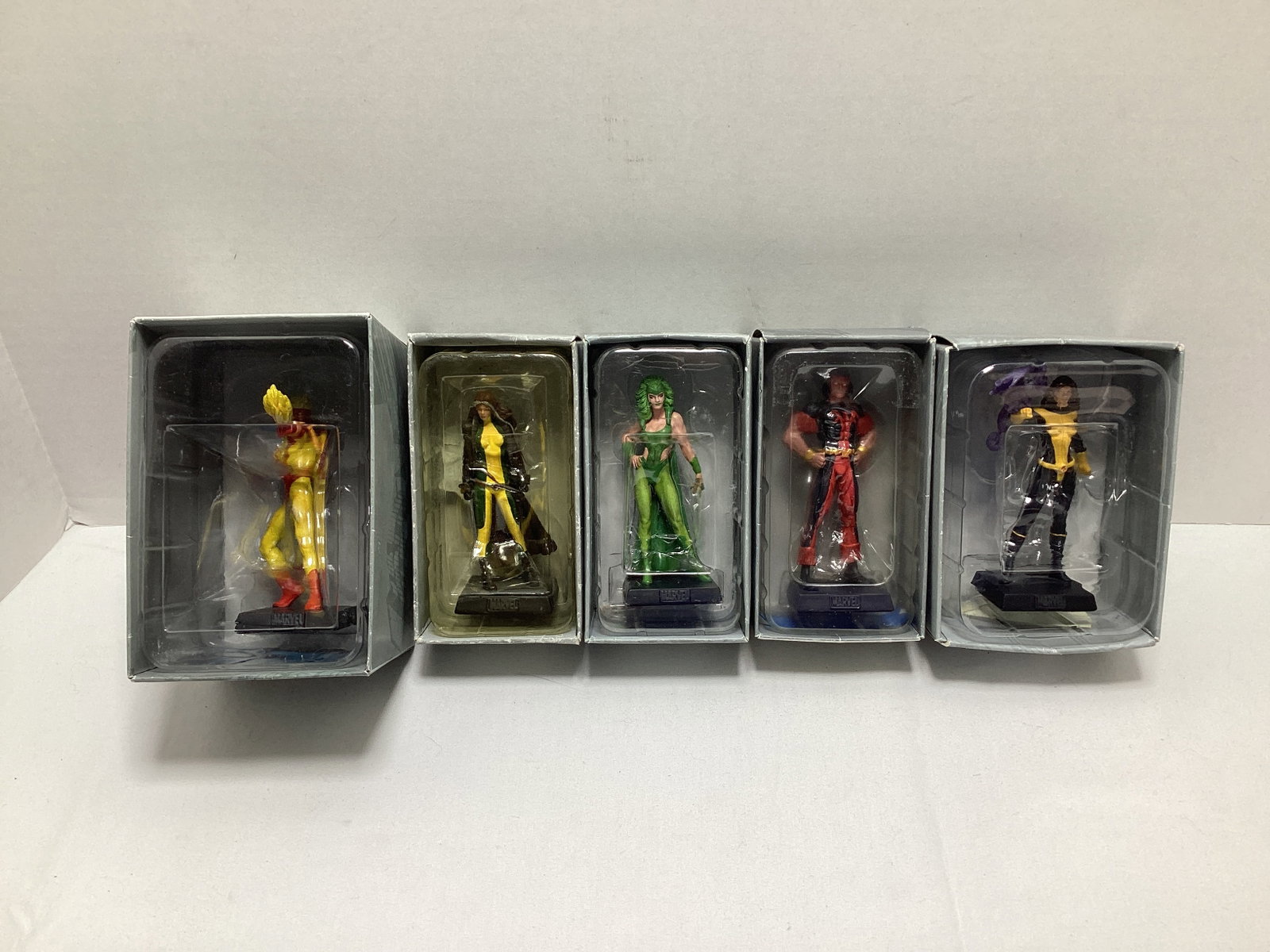 Five Eaglemoss Marvel X-Men / Mutant Diecast Models: Pyro, Rogue, Polaris, Thunderbird, Shadowcat, may have some paint chipping / loss