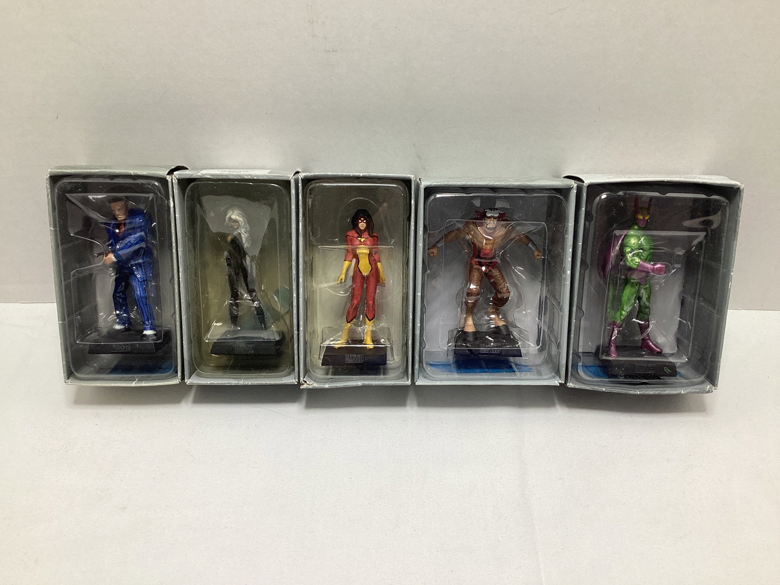 Five Eaglemoss Marvel Spider-Woman and Villains Diecast Models: Hammerhead, Black Cat, Spider-Woman, Beetle, Gorgon, may have some paint chipping / loss