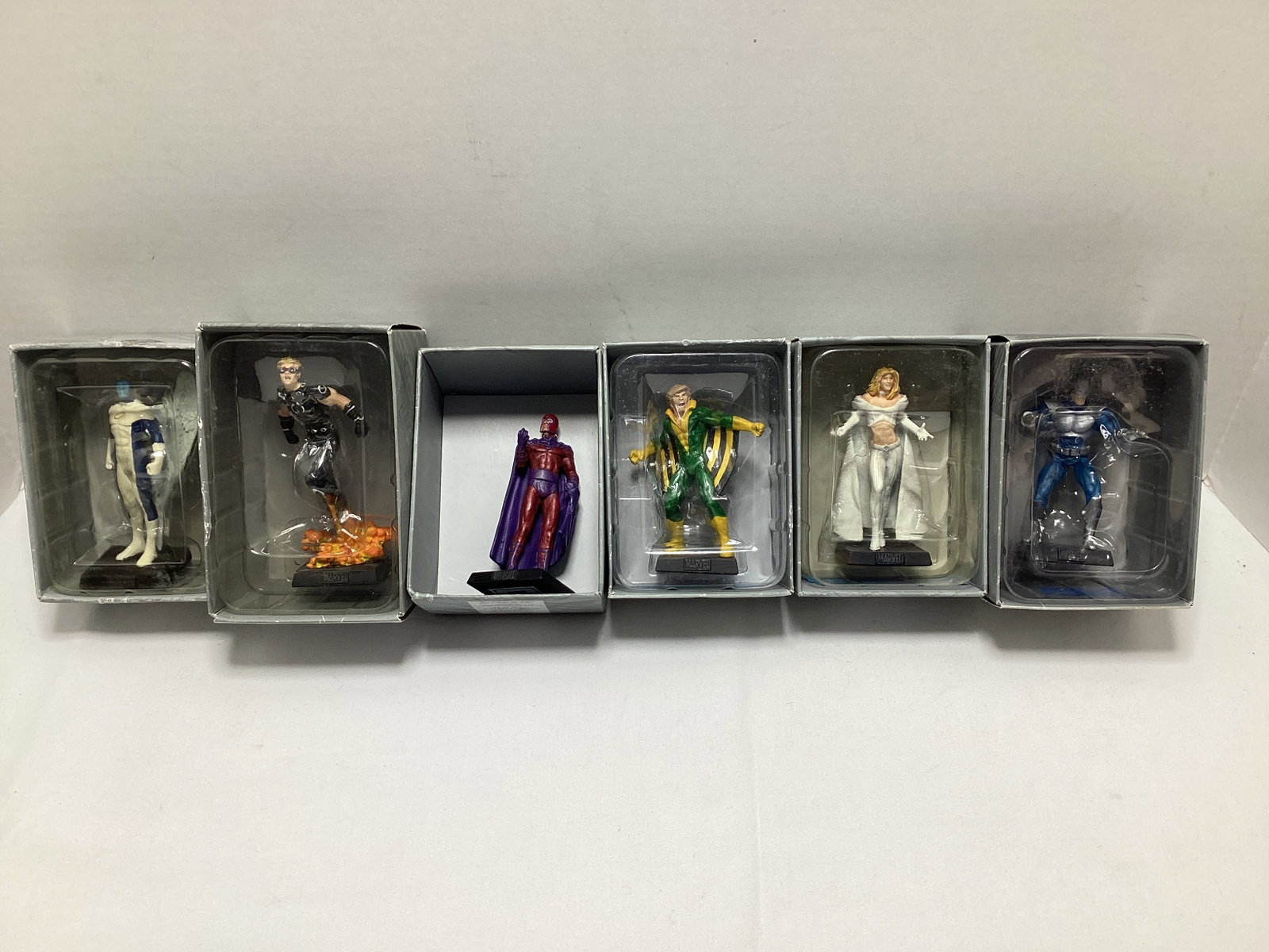 Six Eaglemoss Marvel X-Men / Mutant Diecast Models: Angel, Cannonball, Magneto, Banshee, Emma Frost, Avalanche, may have some paint chipping / loss