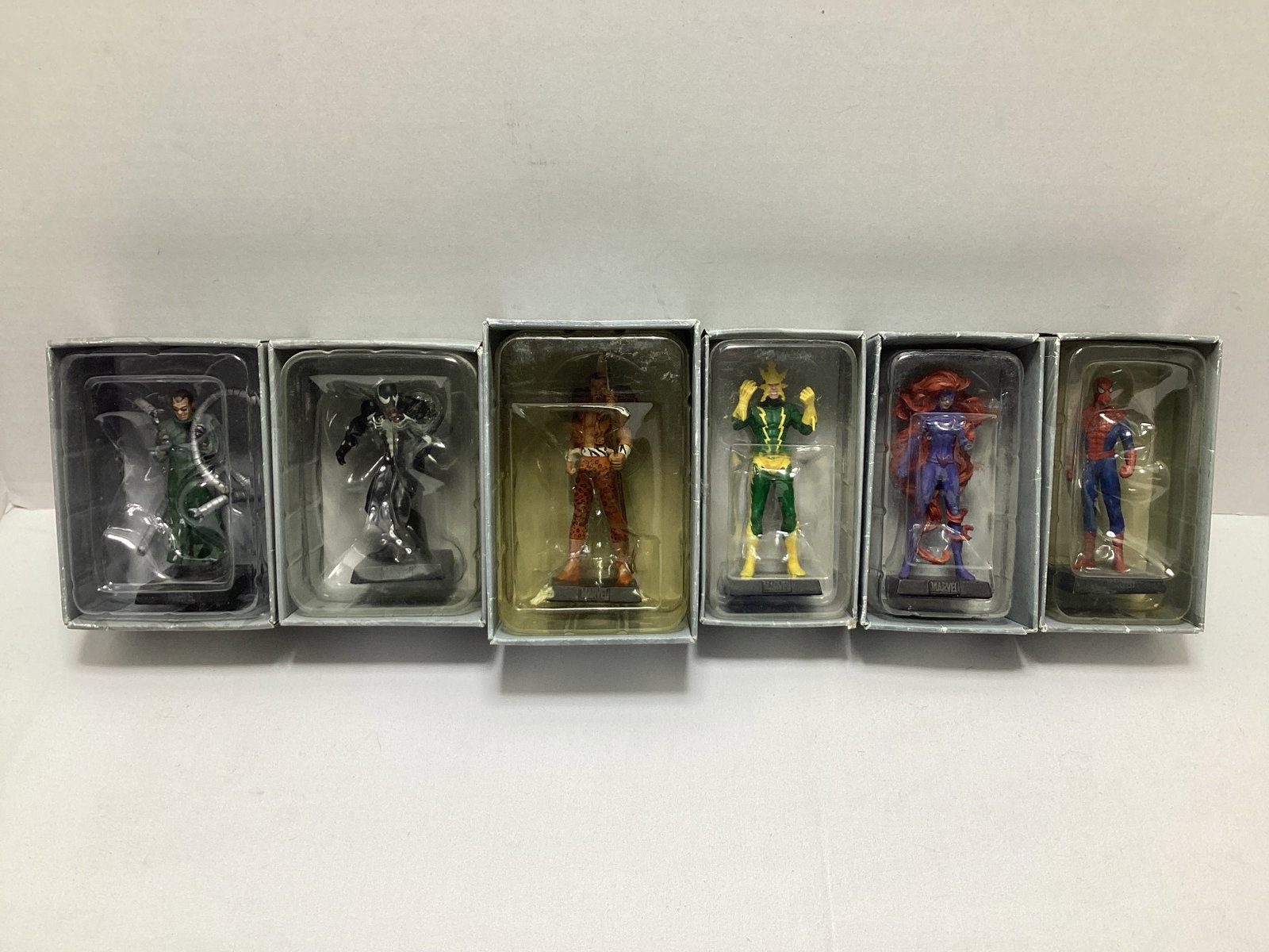 Six Eaglemoss Marvel Spider-Man and Villains Diecast Models: Doc Ock (damaged), Venom, Kraven, Electro, Medusa (damaged), Spider-Man, may have some paint chipping / loss