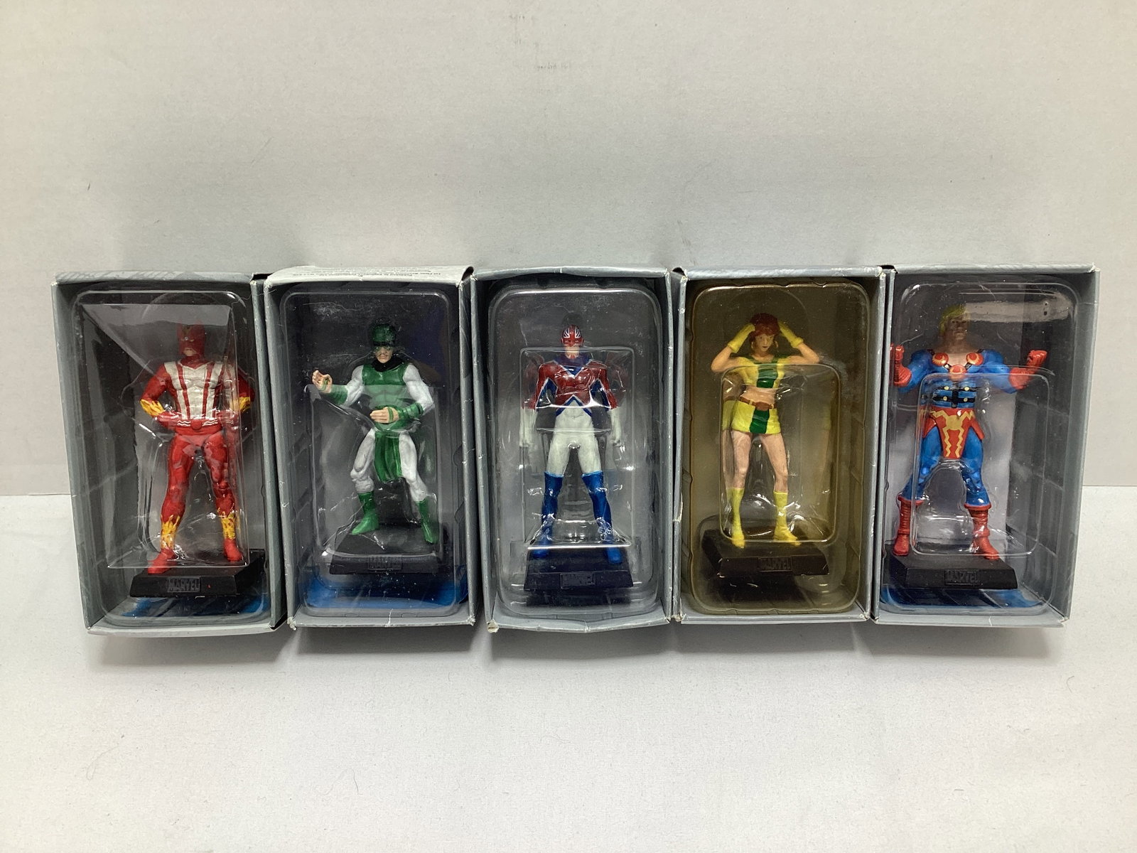Five Eaglemoss Marvel Diecast Models: Sunfire, Karnak, Captain Britain, Marvel Girl, Ikaris, may have some paint chipping / loss