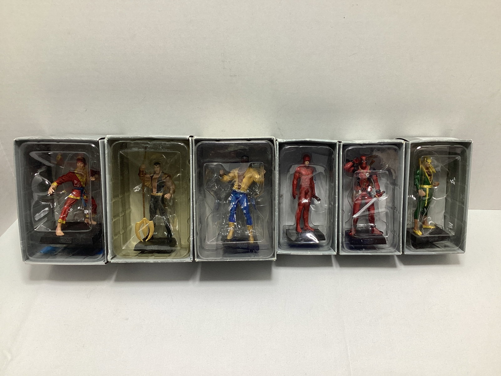 Six Eaglemoss Marvel Superhero Diecast Models: Shang-Chi, Namor, Luke Cage, Daredevil, Deadpool, Iron Fist, may have some paint chipping / loss