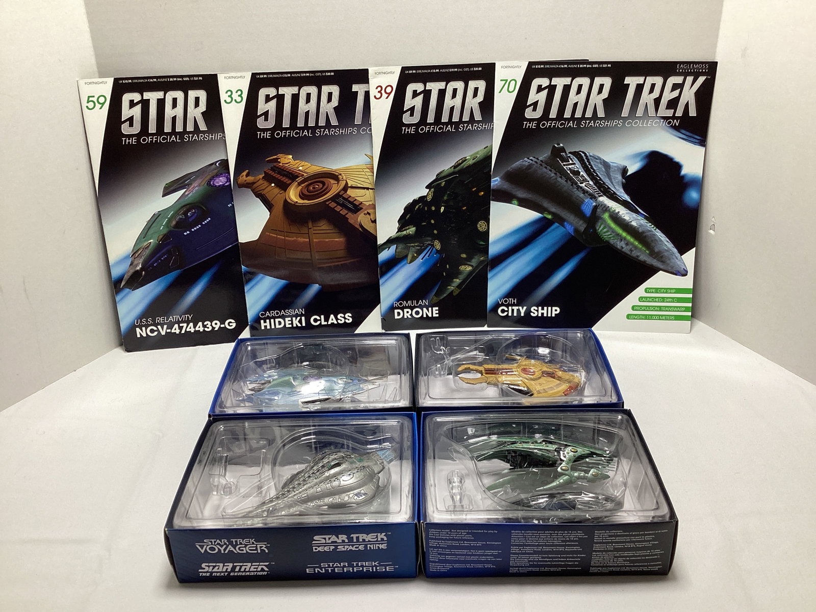 Four Eaglemoss Star Trek Diecast Starships with Magazines: appears new in box, Voth City Ship, Romulan Drone, Cardassian Hideki Class, USS Relativity NCV-474439-G