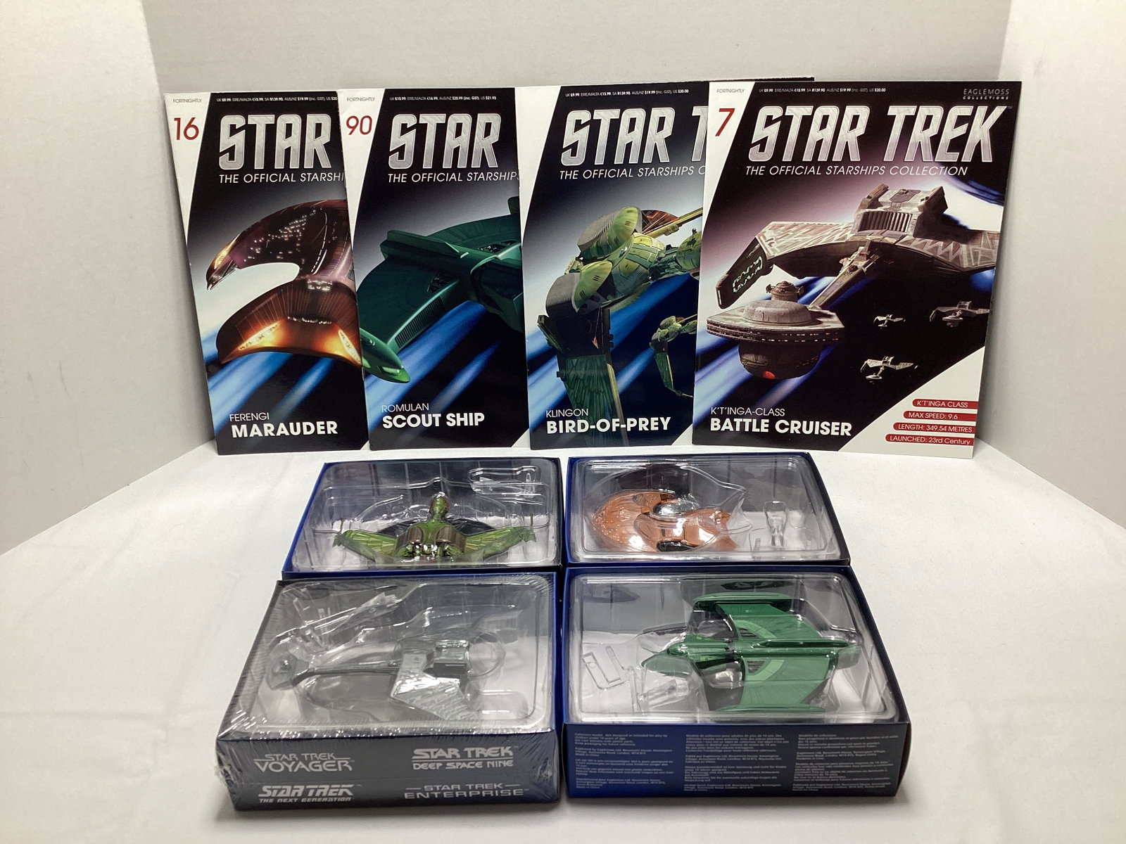 Four Eaglemoss Star Trek Diecast Starships with Magazines: appears new in box, K'T'inga-Class Battle Cruiser, Klingon Bird of Prey, Romulan Scout Ship, Ferengi Marauder