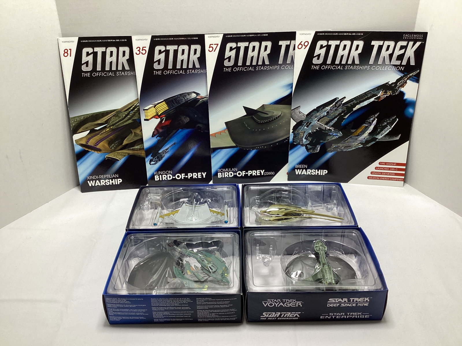 Four Eaglemoss Star Trek Diecast Starships with Magazines: appears new in box, Breen Warship, Romulan Bird of Prey, Klingon Bird of Prey, Xindi-Reptilian Warship