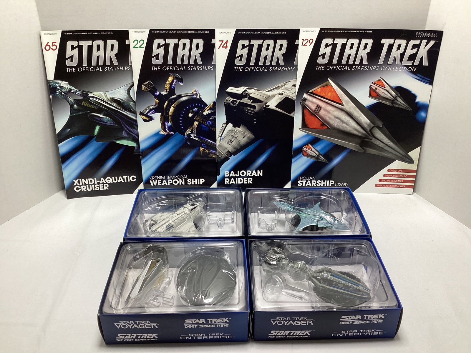 Four Eaglemoss Star Trek Diecast Starships with Magazines: appears new in box, Tholian Starship, Bajoran Raider, Krenim Temporal Weapon Ship, Xindi-Aquatic Cruiser