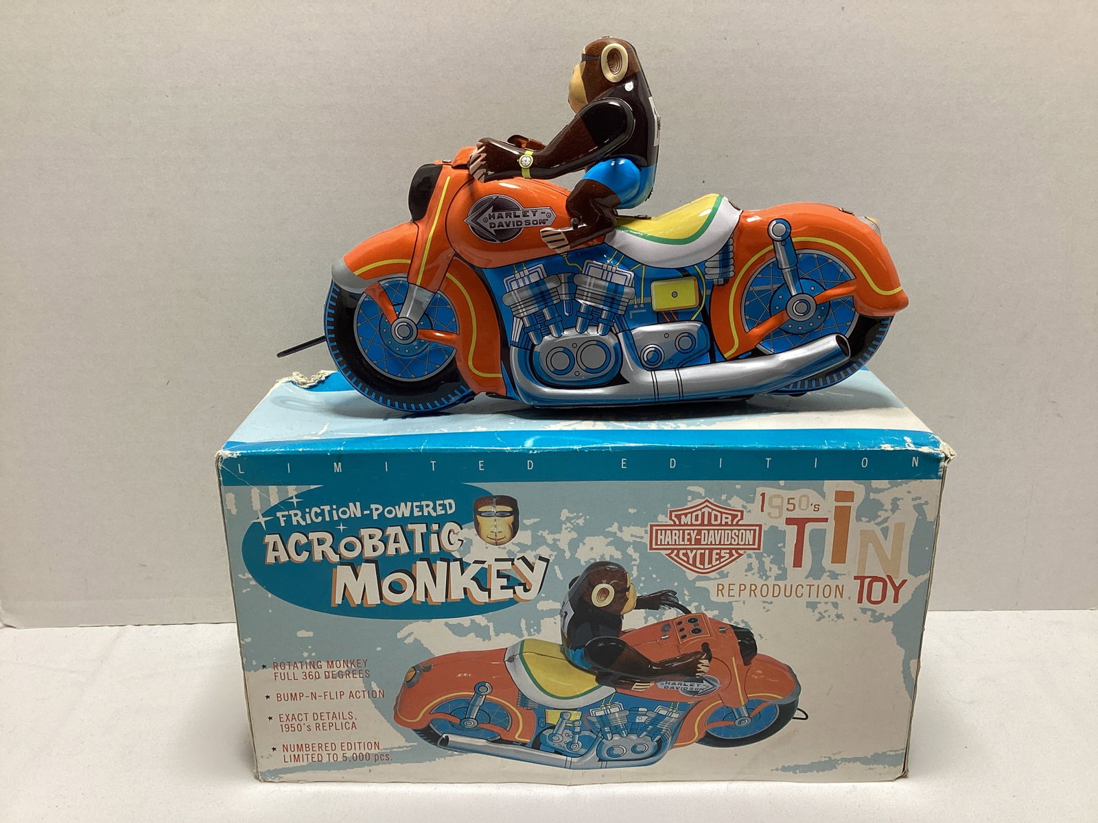 Harley Davidson Friction Powered Tin Litho Acrobatic Motorcycle Monkey: .