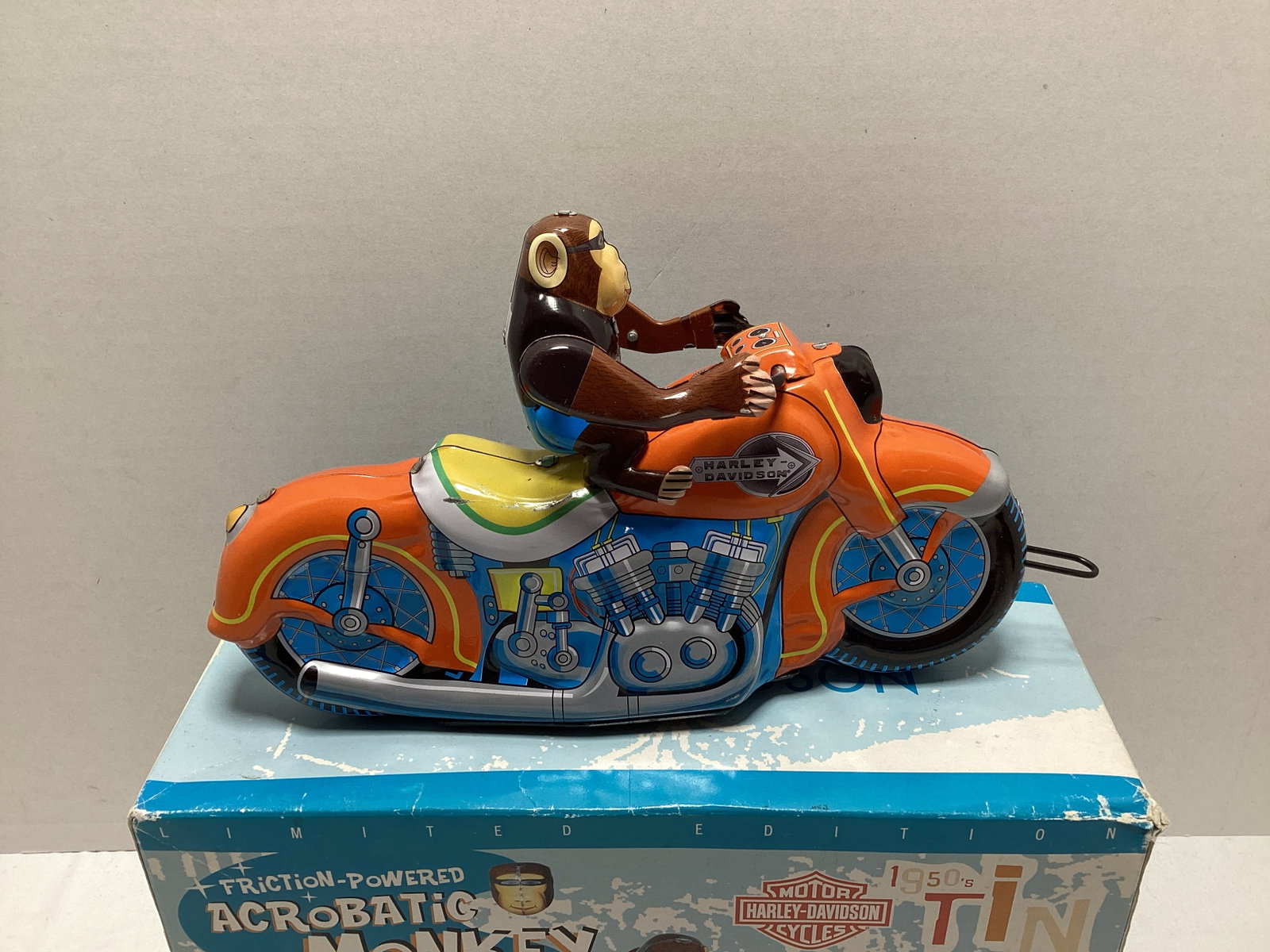 Harley Davidson Friction Powered Tin Litho Acrobatic Motorcycle Monkey - 3