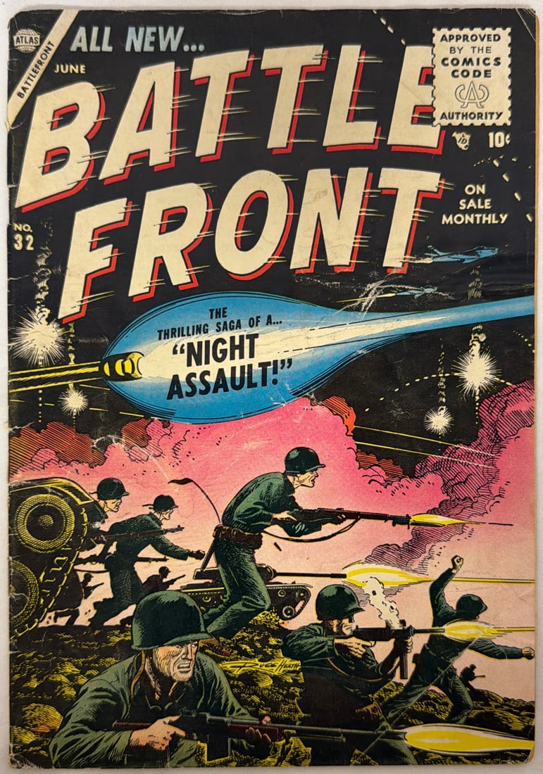 Battlefront 32 Atlas War Comic Book: 1955, cover detached at bottom staple, please preview and see all photos for condition