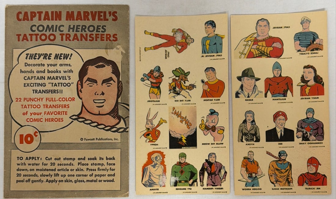 Fawcett Captain Marvel Tattoo Transfers Pack 1: please preview and see all photos for condition