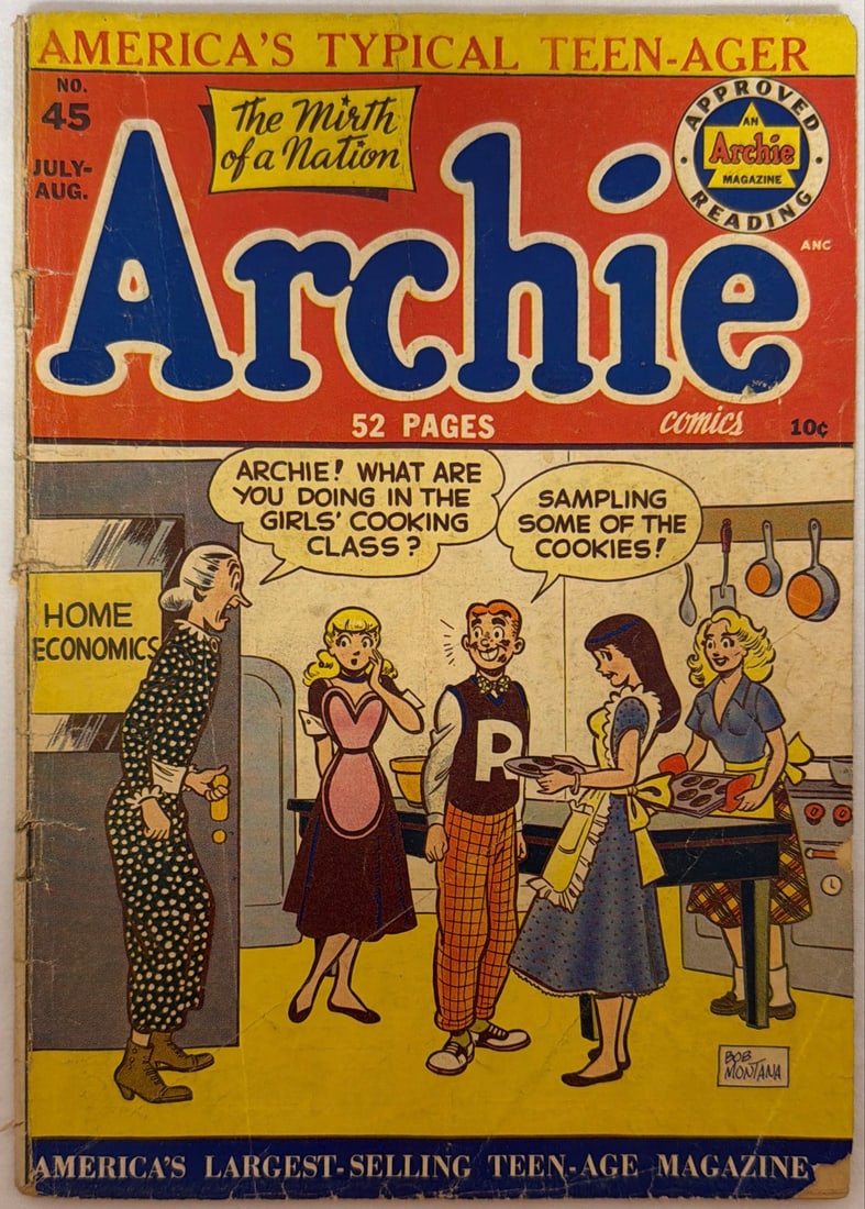 Archie 45 Comic Book: 1950, cover detached at top staple, please preview and see all photos for condition