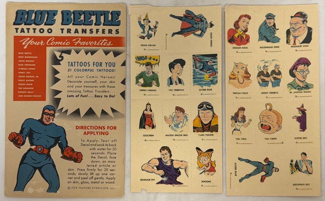 Blue Beetle Fox Tattoo Transfers: please preview and see all photos for condition