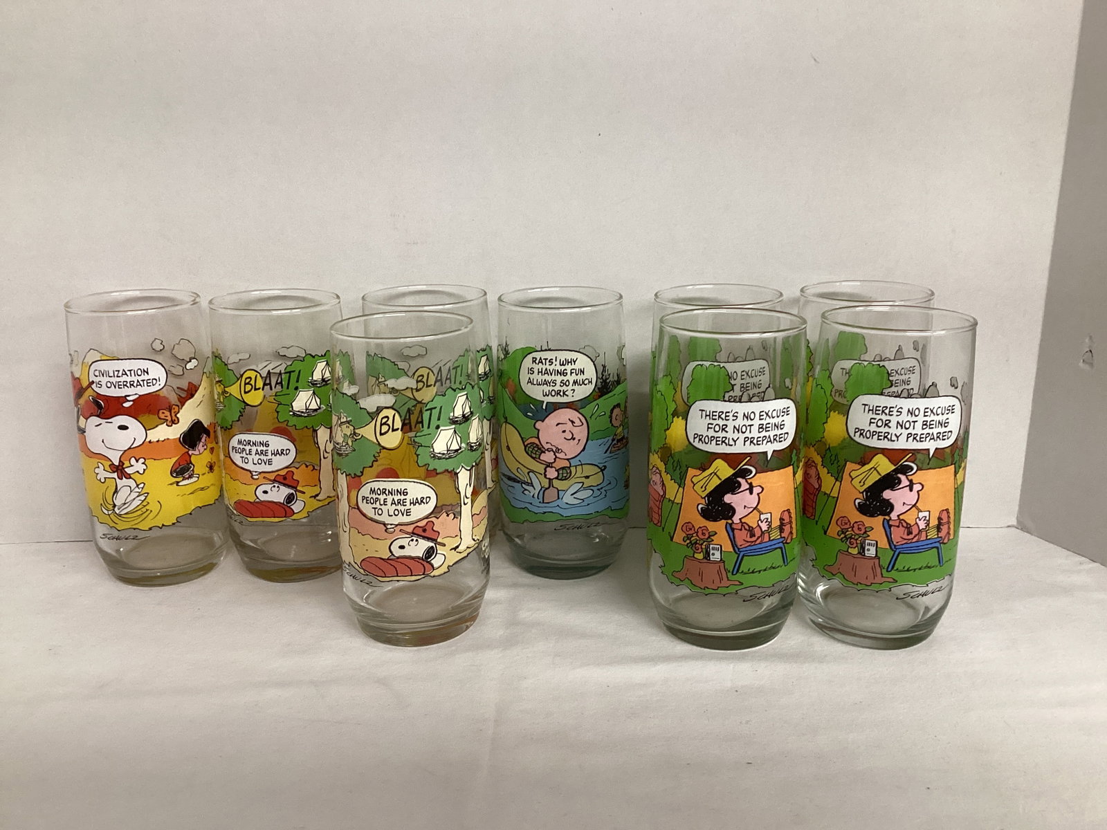 Nine McDonald's Peanuts Camp Snoopy Collection Glasses: 6"