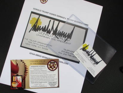 Donald Trump Signed Business Card: "Enjoy FREE shipping on all items in this auction!"Donald Trump Signed Business CardDonald Trump Signed Business Card with COA – Early Signature of the 45th President & Business IconOffered here is