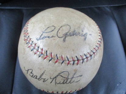Babe Ruth, Lou Gehrig Signed 1930's Softball: "Enjoy FREE shipping on all items in this auction!"Babe Ruth, Lou Gehrig Signed 1930's Softball.Babe Ruth & Lou Gehrig Dual-Signed 1930s Softball – Legends United on a Rare CanvasOffered here is an