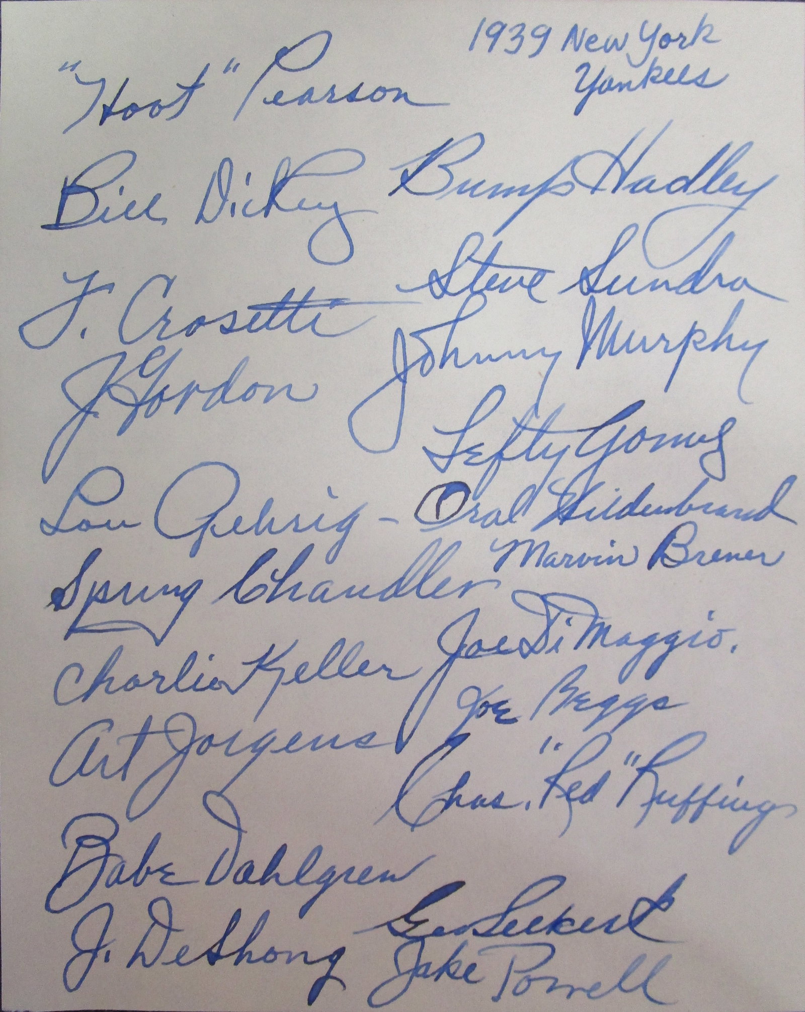 1939 New York Yankees Team Signed Album Page with Certificate of Authenticity (1 of 2)