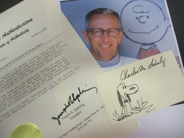 Charles M. Schulz Signed Cut Signature with Original Snoopy Sketch and Certificate (1 of 1)