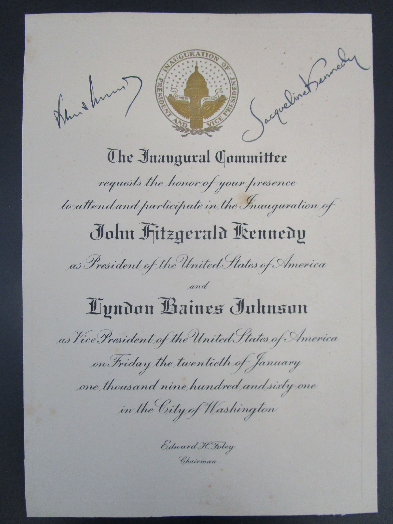 John F. Kennedy & Jacqueline Kennedy Signed Inauguration Invitation – January 12, 1961 – With (1 of 2)