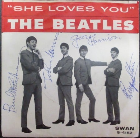 The Beatles – Signed “She Loves You” 45 RPM Record Cover with Certificate (1 of 2)
