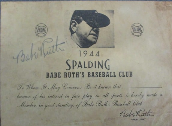Babe Ruth Signed 1944 Spalding "Babe Ruth Baseball Club" Membership Application with Certificate (1 of 2)