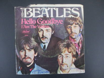 Beatles Signed "Hello, Goodbye" 45 RPM Record Cover with Certificate of Authenticity: Beatles Signed "Hello, Goodbye" 45 RPM Record Cover with Certificate of Authenticity.Presented is an original 45 RPM record cover for the Beatles’ chart-topping single Hello, Goodbye, personally han