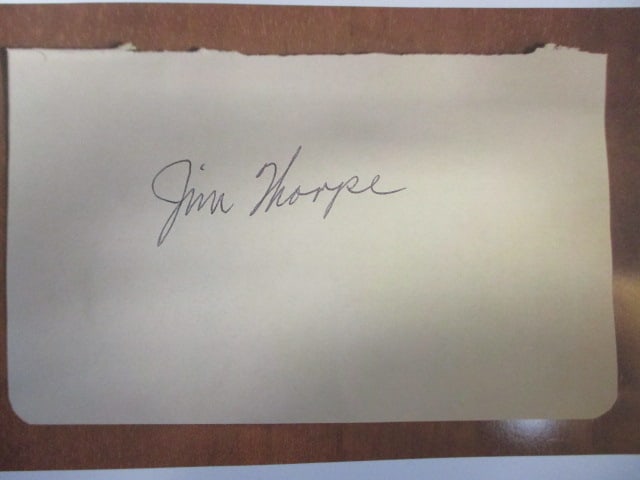 Jim Thorpe Signed Album Page: Presented is an exceptionally scarce album page signed by Jim Thorpe (1887–1953), widely regarded as one of the greatest all-around athletes in history. Thorpe achieved legendary status as an Olympi