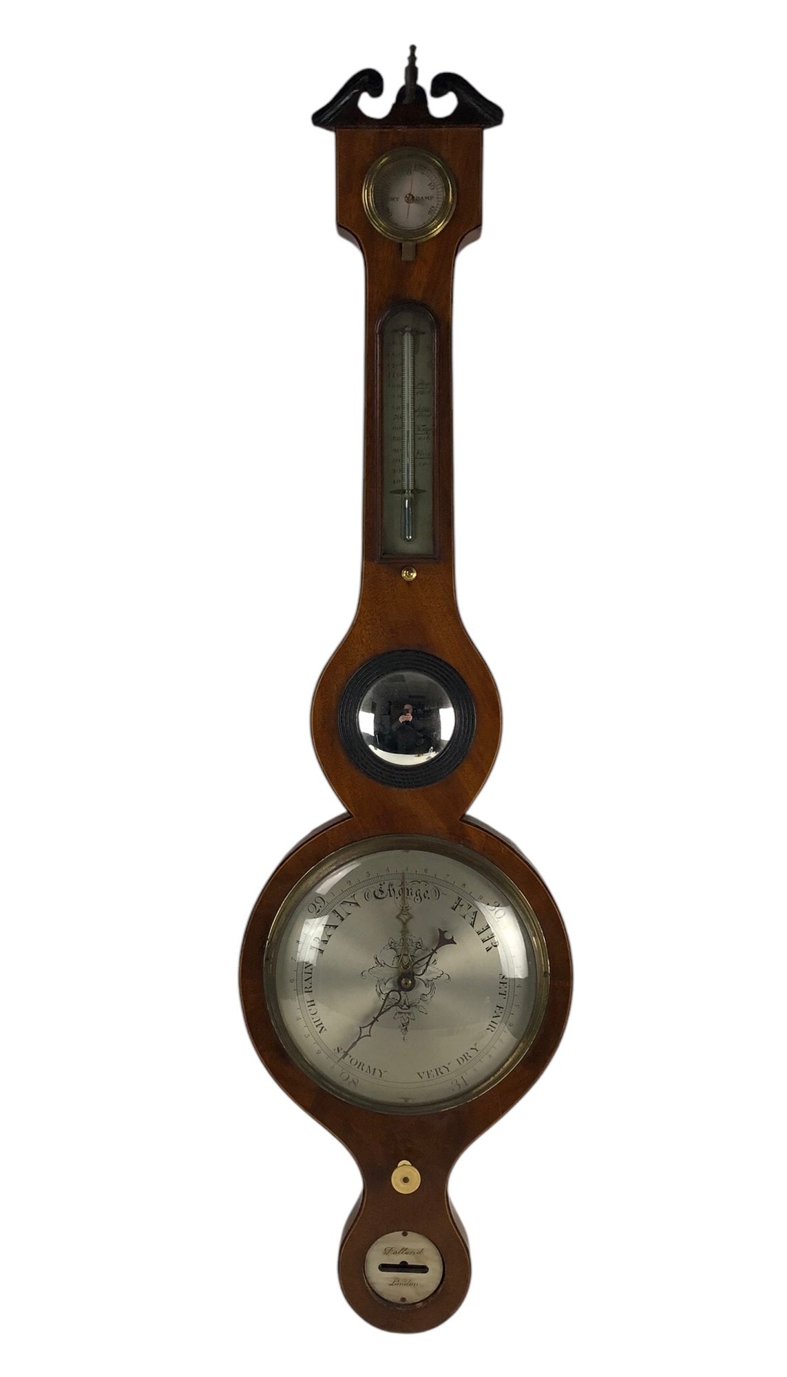 19th Century Dollond London Mahogany Wheel Barometer - #SW-10: Silvered calibrated dials and mercury glass tube. Not tested, selling as-is. Wear commensurate with age, usage. 38-1/2"H x 10-1/4 x 1-1/2"D PLEASE NOTE: THIS LOT IS ELIGIBLE FOR LOCAL PICK-UP OR THIRD