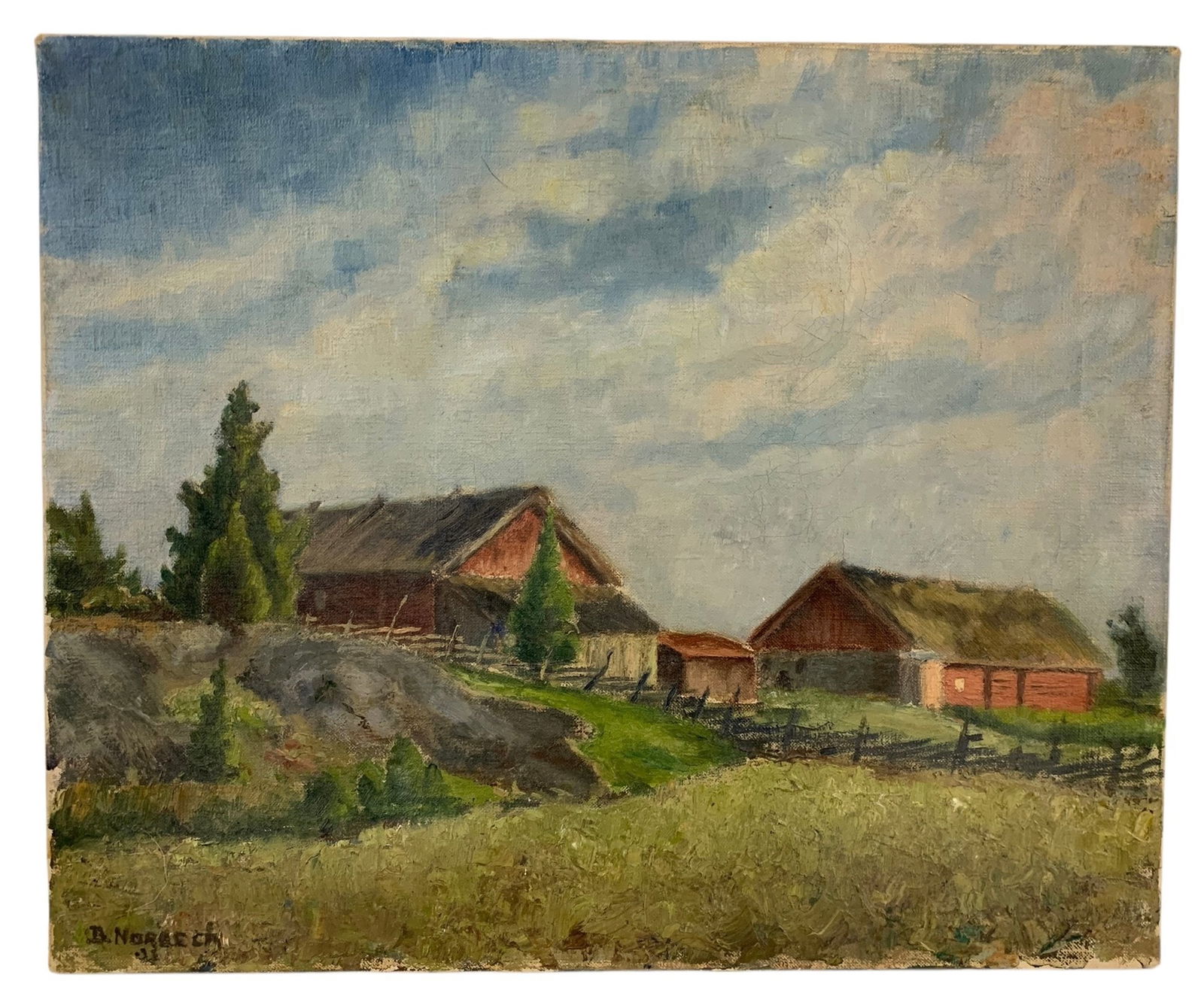 Antique Impressionist Barn Yard Landscape Oil On Canvas, Signed - #S12-2 (1 of 9)