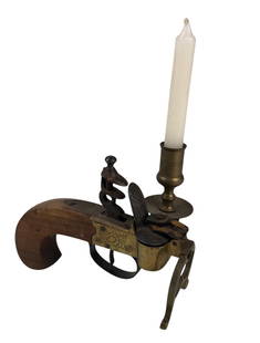 Italian Flintlock Tinder Lighter Candle Holder - #FS-7: Stamped "Made In Italy" on the underside.Surface wear consistent with age, usage.4"H x 5-1/4"W x 3"DLOCAL PICK-UP: SATURDAY, JULY 12TH FROM 10AM-4PM.LOCATION: 35 MECHANIC STREET, AMENIA, NY 12501INVOI