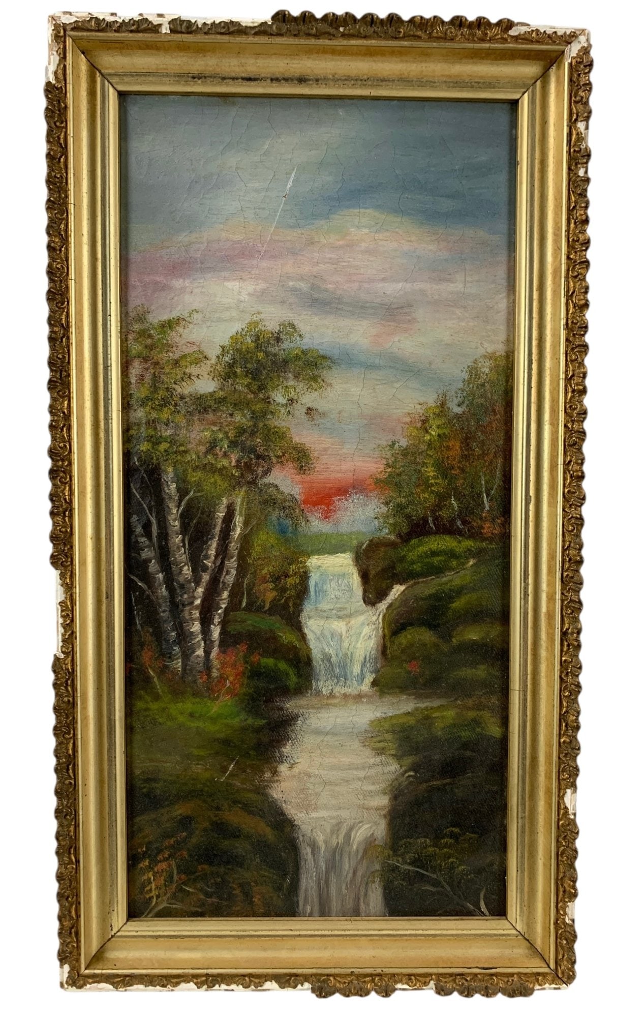 CLINTON, MAINE Impressionist Landscape Oil On Board By D. Dewey Pratt, - #R1: Artist name and title stamped on verso. Condition: scratch on the upper center, and craquelure noted throughout. Framed without glass - frame needs attention. Provenance: private estate Pawling, NY. 1