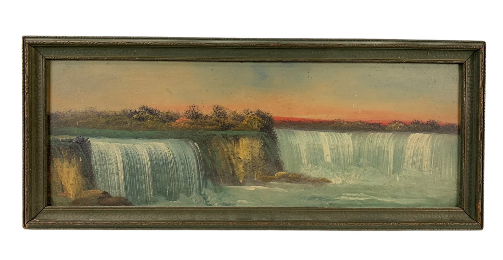 1927 Niagara Falls Impressionist Landscape Oil On Board Painting - #R1: Inscribed on verso. Framed without glass. Condition: light scratch noted along the upper left side. Provenance: private estate Pawling, NY. 8-7/8"H x 20-1/2"W x 2"D LOCAL PICK-UP: SATURDAY, JULY 12TH 