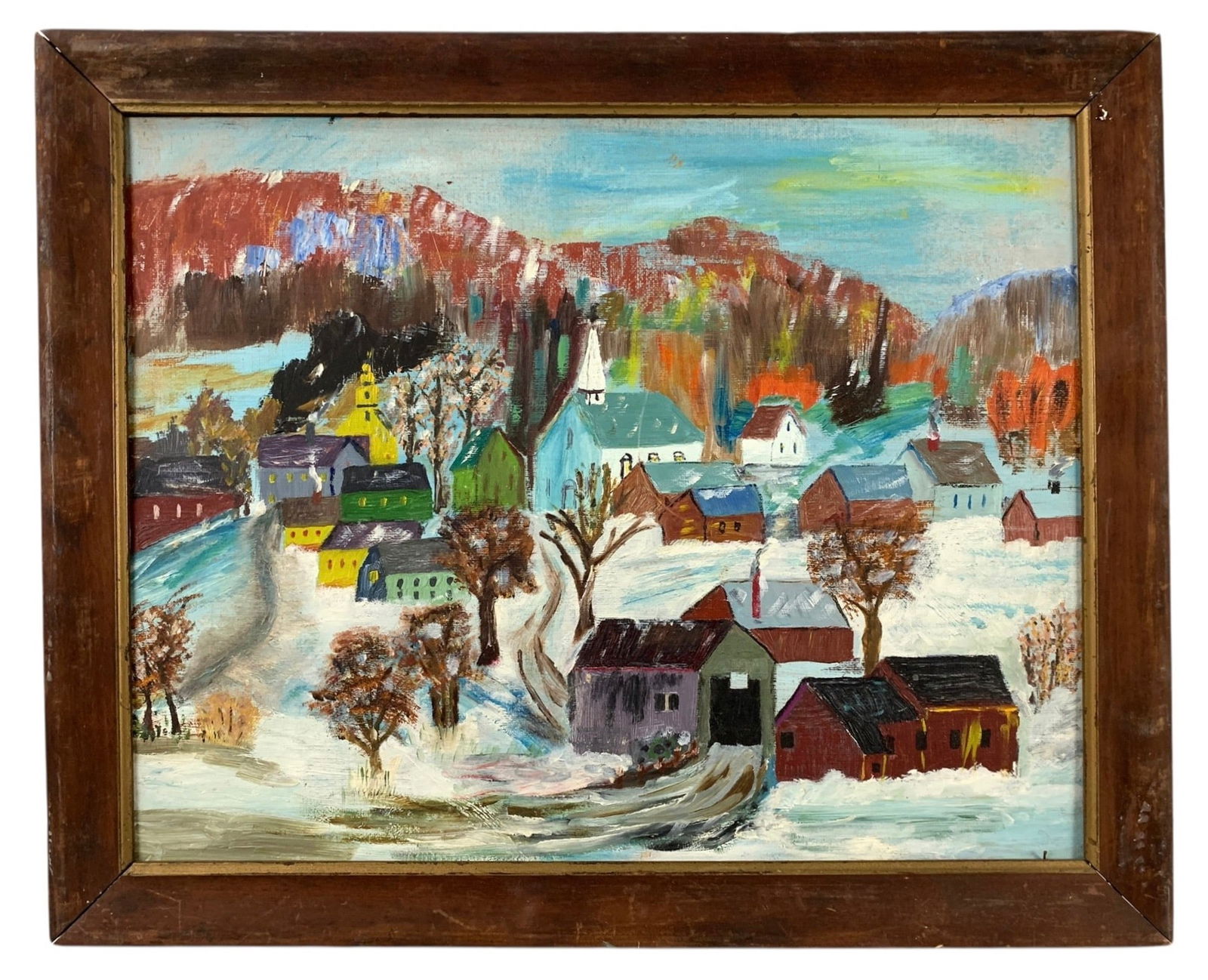 Folk Art Winter Landscape Oil On Board Painting - #A9 (1 of 7)