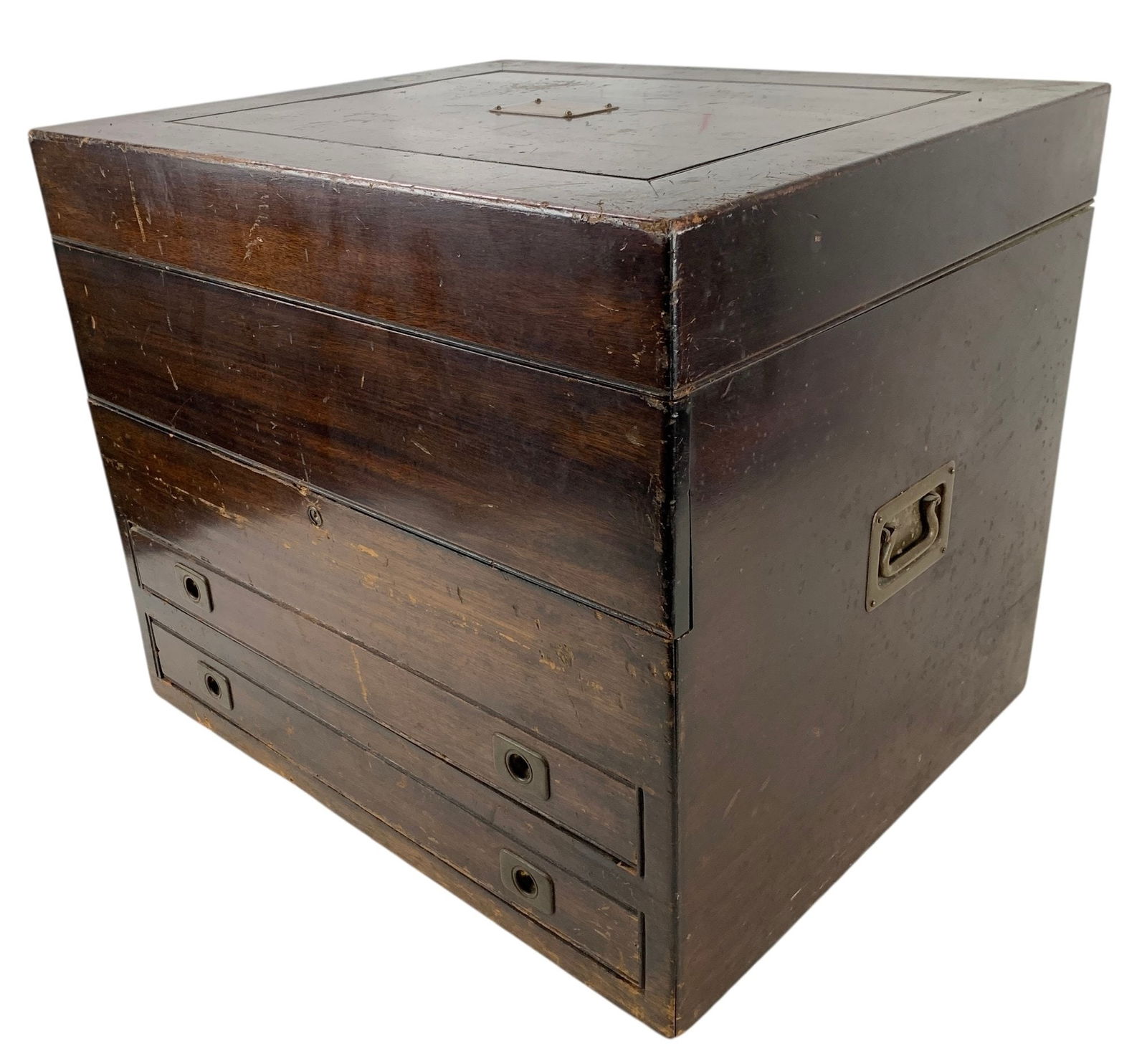 Antique Mahogany Flatware / Cutlery Chest - #S13-F: Includes brass side handles, name plate on the lid and locks.Both drawers are locked shut.Condition: age appropriate wear such as scratches, scuffs, etc.Top compartment appears to be missing the tray.