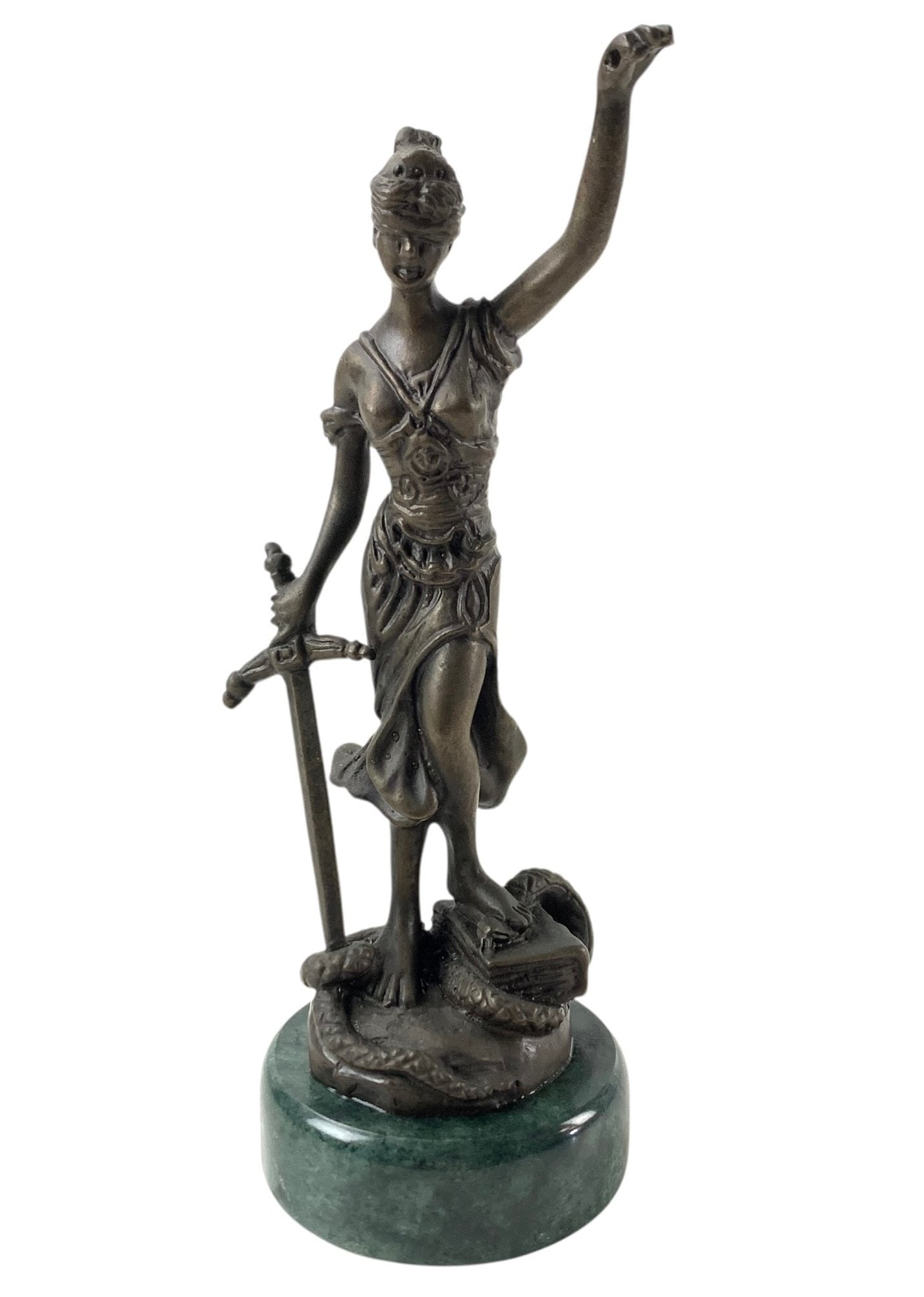 Alois Mayer (Germany, 1855-1936) Signed Blind Justice Bronze Statuette - #FS-6: Signed along the base of the statuette and mounted on green marble.Good condition overall - missing the scales.Provenance: private estate, New Jersey.5-7/8"H x 2"W x 2"DLOCAL PICK-UP: SATURDAY, JULY 1