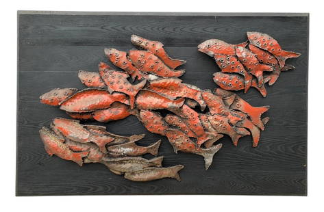 Brutalist School Of Fish Wall Sculpture By Finesse Originals - #BR-7: Medium: painted metal mounted on fiberglass board.Signed along the upper beveled edge.Condition: minor wear noted.Provenance: private estate, Newburgh, New York.39"H x 59-1/2"W x 3"DPLEASE NOTE: THIS