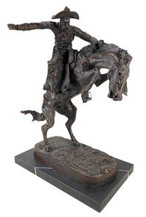 BRONCO BUSTER Bronze Sculpture (After) Frederic Remington (American, 1861-1909) - #W1: Signed in mold on the base of the sculpture.Mounted on black marble slab.Condition: good condition overall. The cowboy is missing the whip.Proveance: private estate, New York City.21-1/2"H x 19"W x 9-