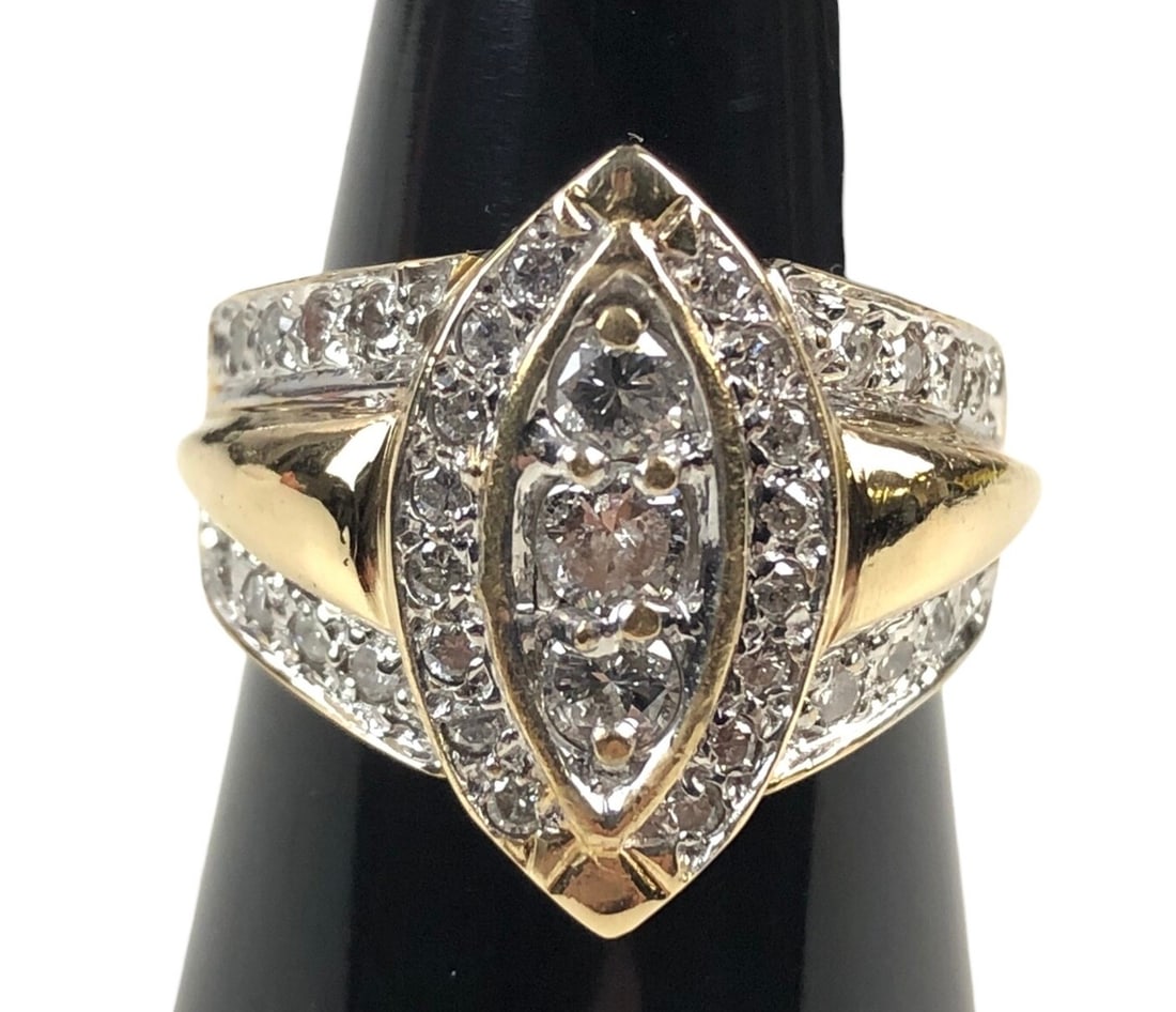 14K Yellow Gold Diamond Ring, Size 7-1/4 - #JC-B: Stamped 14K inside the shank. Set with 3 round center diamonds (estimated .33 to .35 CTW), and 32 small accent diamonds. Total diamond weight: estimated .75 to 1.0 CTW (as setting permits). Total Weig