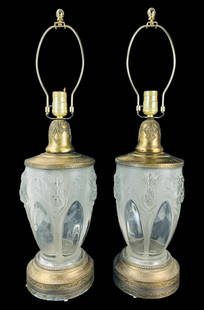 Art Deco Verlys France Crystal Thistle Vase Table Lamps - #S10-4: Good working condition.Small chips noted on the bottom edge of one vase - mostly concealed by the decorative brass base. Otherwise in good condition overall with age appropriate surface wear.Materials