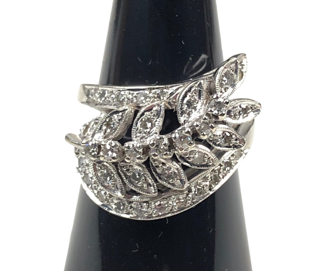 14K White Gold Diamond Ring, Size 7 - #JCB2: Stamped 14K on the shank.Set with 34 small single cut diamonds, estimated .40/.50 CTW (as setting permits).Jeweler verified.Total Weight: 8.5 grams.5"H x 10"W x7"DLOCAL PICK-UP: SATURDAY, JULY 12TH FR